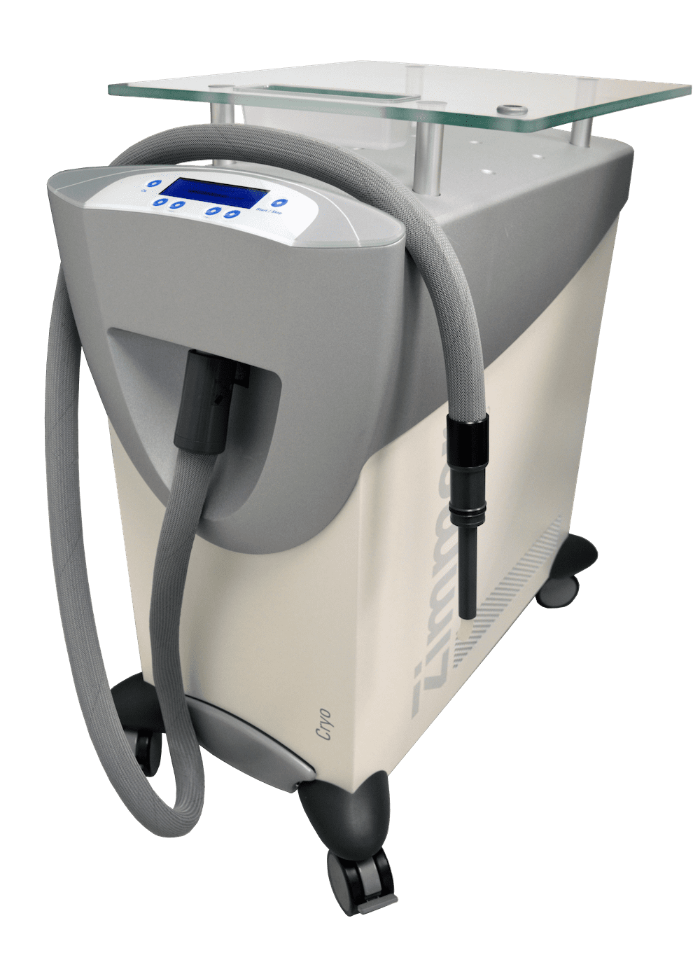 Modern cryotherapy machine with user-friendly interface and ergonomic applicator for therapeutic treatments.